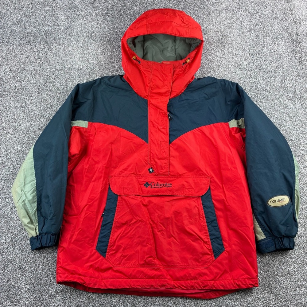 Vintage Columbia Anorak Jacket Women's Large Red Blue Colorblock Pullover Hooded